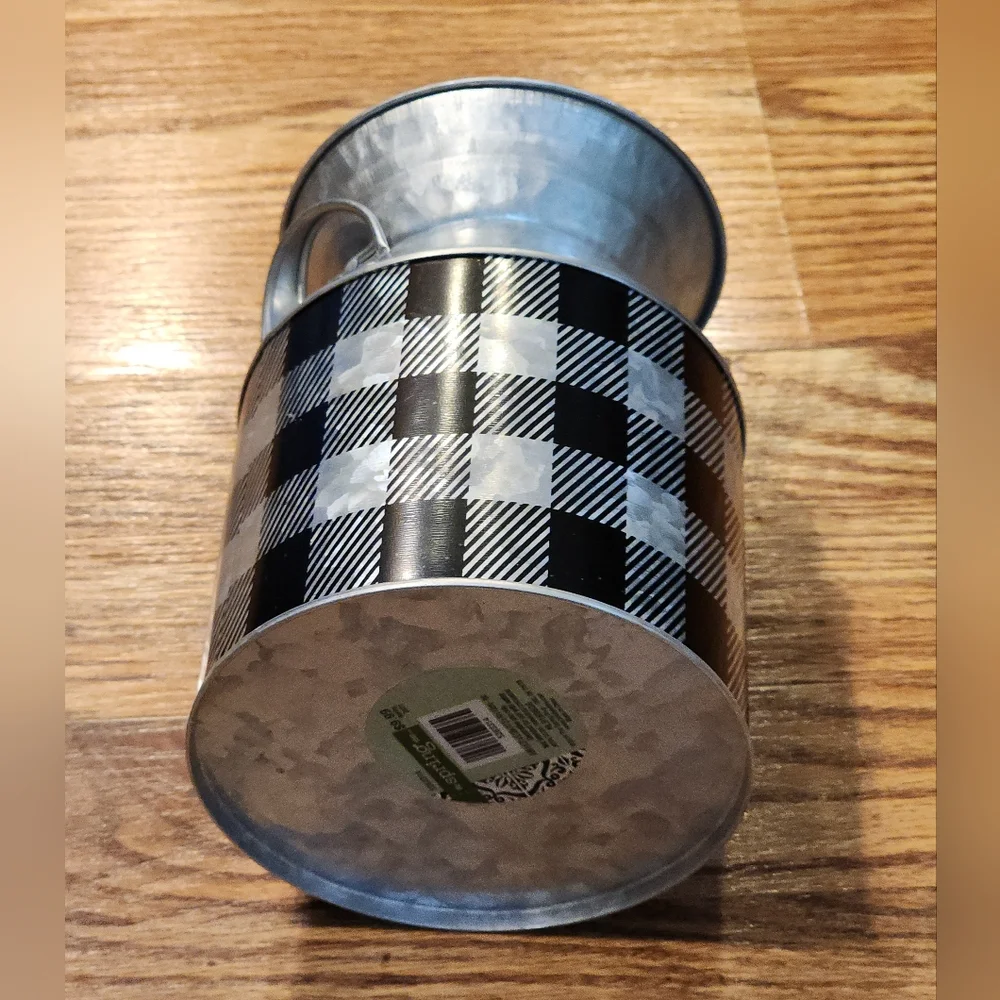 Farmhouse Silver and Black Buffalo Plaid Checkered Metal Milk Can With Handles